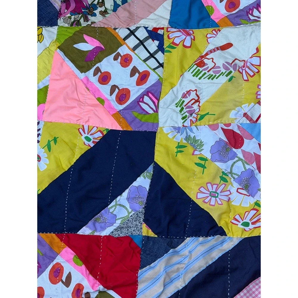 Vintage Handmade Crazy Quilt Patchwork Multi Color Mixed Pattern Folk Art Throw